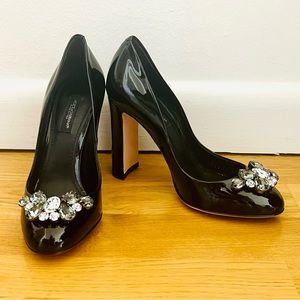 DOLCE & GABBANA Jeweled Black Patent Pumps Block Heel 35.5/5.5 - NEW IN BOX